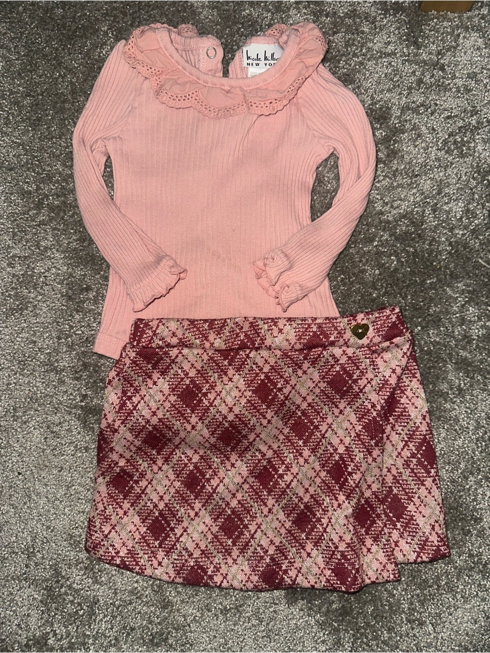 Nicole Miller New York Pink Ruffle Neck Onesie with Pink Plaid Skirt